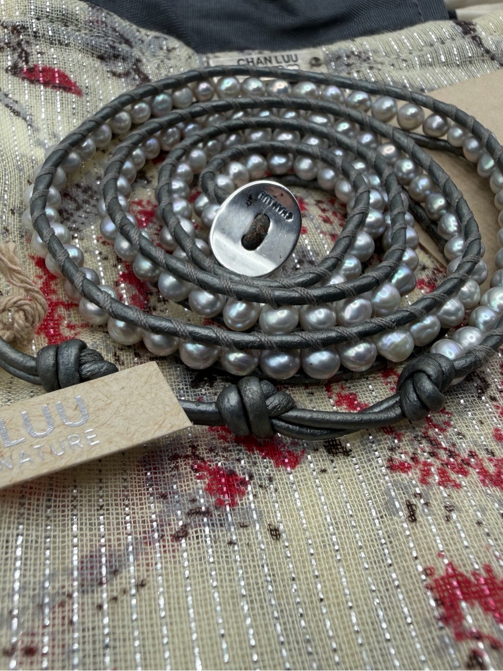 Chan Luu Gray Leather Wrap Bracelet with Gray Pearls